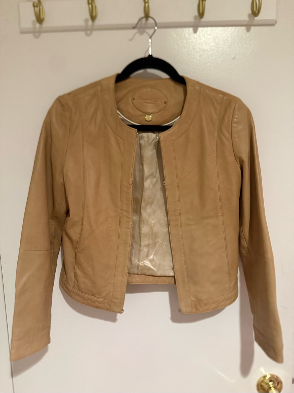 Massimo Dutti Camel Leather Collarless Jacket Small